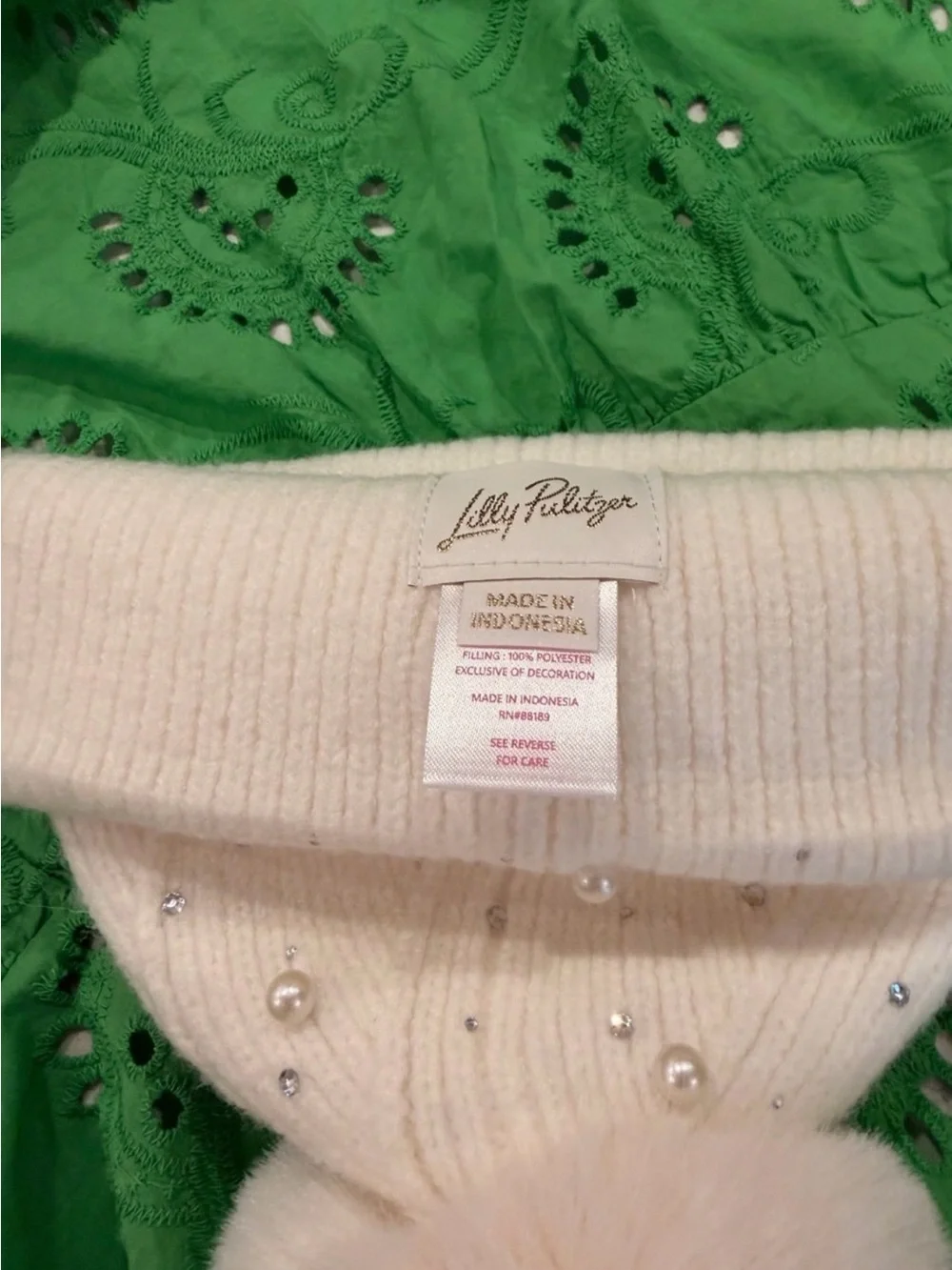 NWT LILLY PULITZER POM POM HAT WITH PEARLS AND RHINESTONES